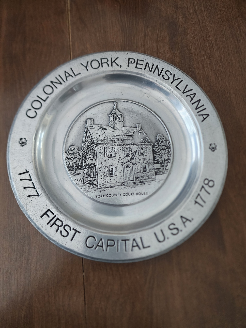 Vintage Colonial York Pennsylvania Decorative Pewter Plate First Capital 1777-78